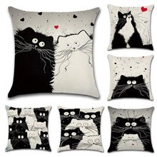 Load image into Gallery viewer, Black and White Cat Printed Throw Pillow Case