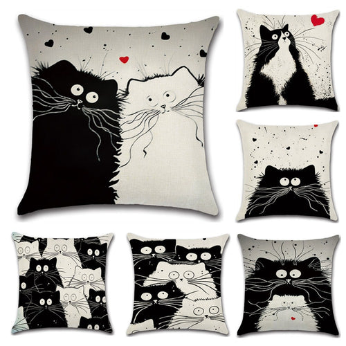 Black and White Cat Printed Throw Pillow Case